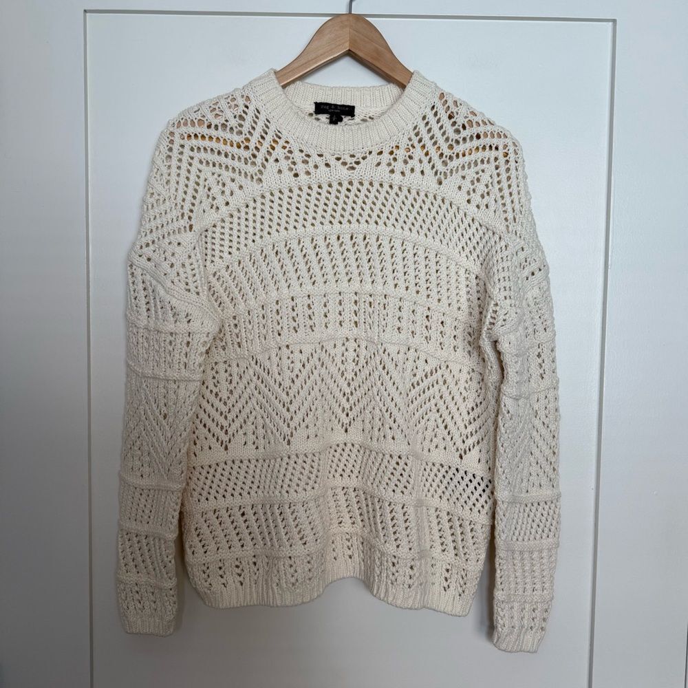 Rag & Bone Sweater Womens Sz S Ivory Crochet Open Knit Crew Neck Cotton Blend
